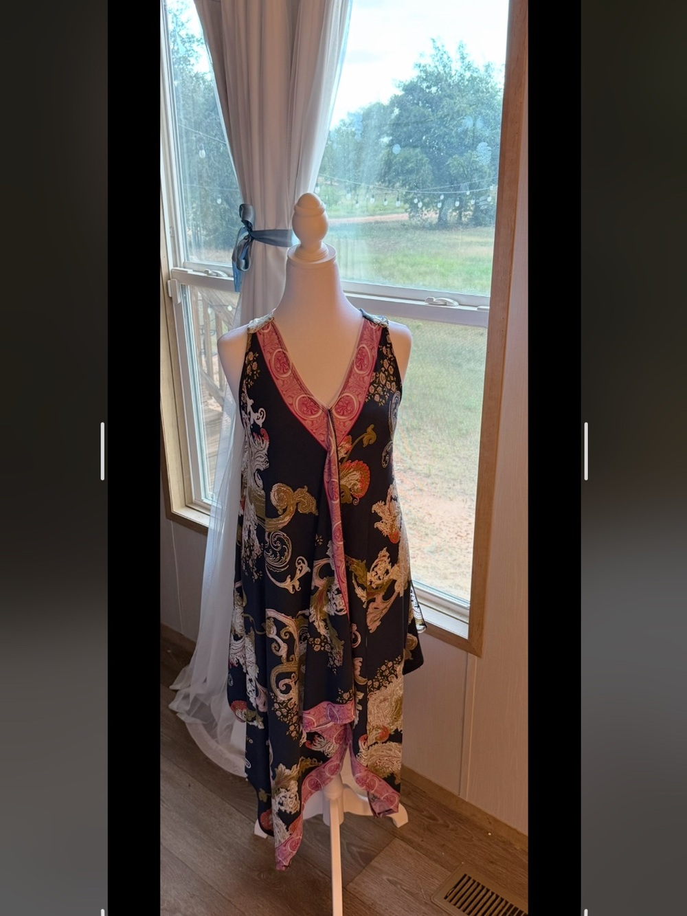 ONE WORLD Navy Paisley-Print Midi Dress with Pink Trim